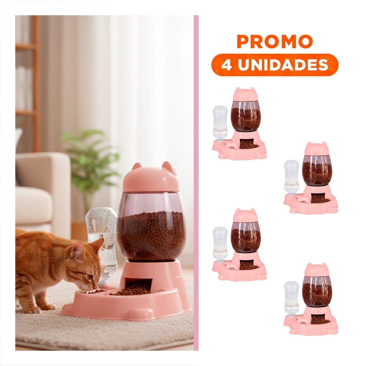 PACK4 RECIPIENTE UNIDO PET GATO BLANCO ROSADO MODERNO Y+REGALO STICKER - 1