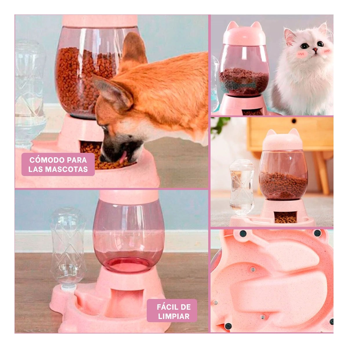 PACK4 RECIPIENTE UNIDO PET GATO BLANCO ROSADO MODERNO Y+REGALO STICKER - 2