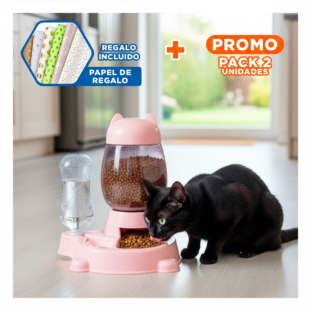 PACK2 ALIMENTADOR UNIDO PET GATO BLANCO ROSADO ELEGANTE Y DURADERO Y+PAPEL REGALO - 1