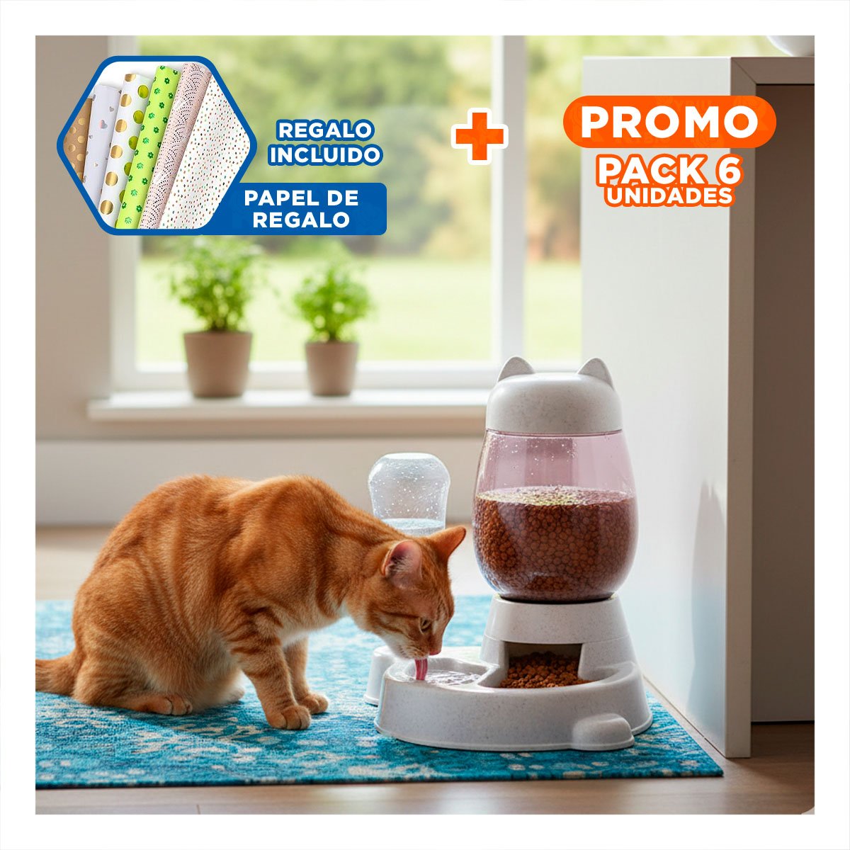 PACK6 BEBIDA Y COMIDA EN PLATO PET GATO BLANCO BLANCO COMODO Y+PAPEL REGALO - 1