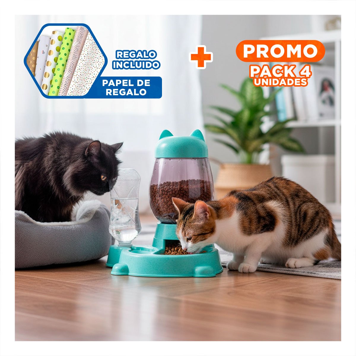 PACK4 BEBIDA COMBINADA PET GATO BLANCO CELESTE PRACTICO Y+PAPEL REGALO - 1