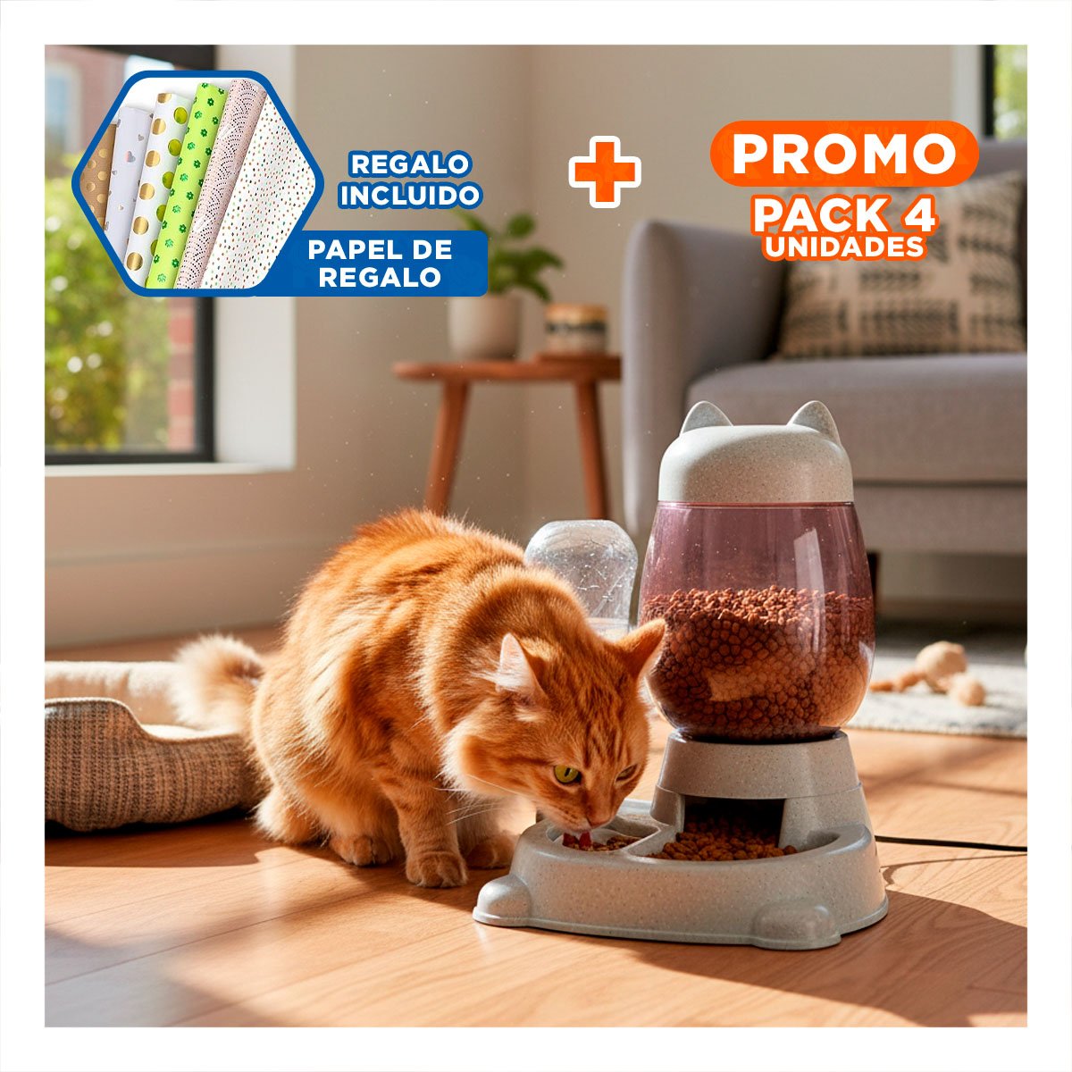 PACK4 COMIDA LISTA PET GATO CON BEBEDERO BLANCO GRIS Y+PAPEL REGALO - 1