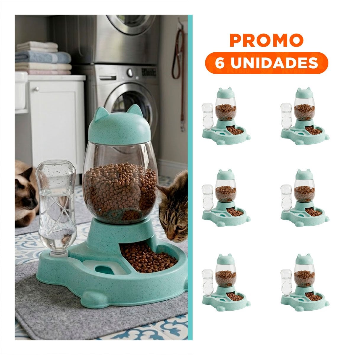 PACK6 BEBIDA Y COMIDA EN PLATO PET GATO BLANCO CELESTE COMODO - 1