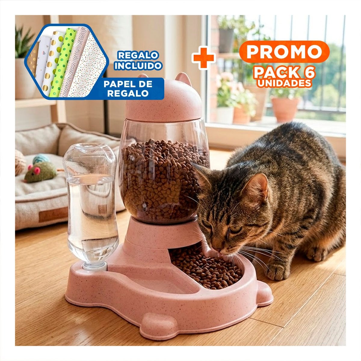 PACK6 COMIDA DOBLE PET GATO BLANCO ROSADO PARA CASA Y+PAPEL REGALO - 1