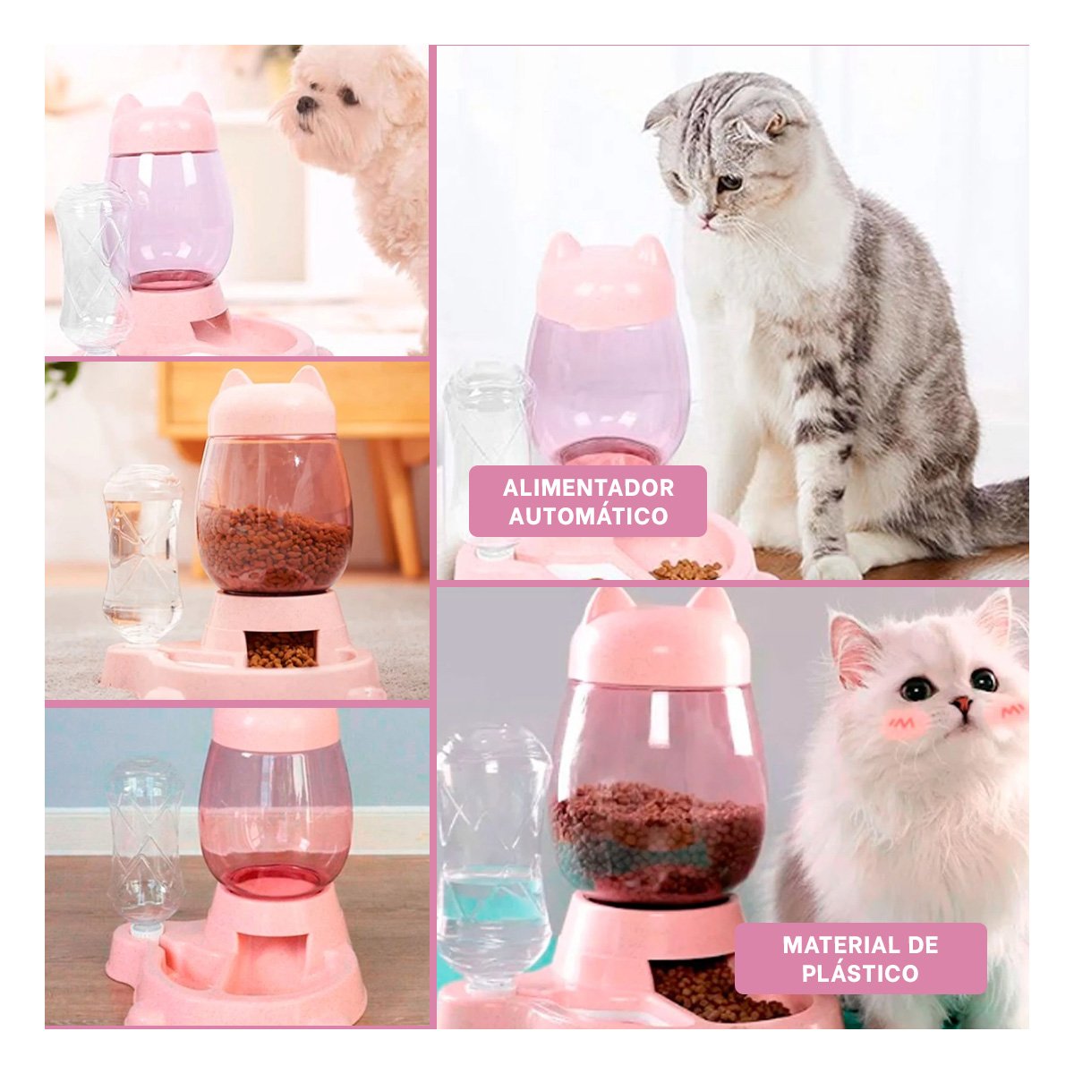 PACK6 COMIDA DOBLE PET GATO BLANCO ROSADO PARA CASA Y+PAPEL REGALO - 3