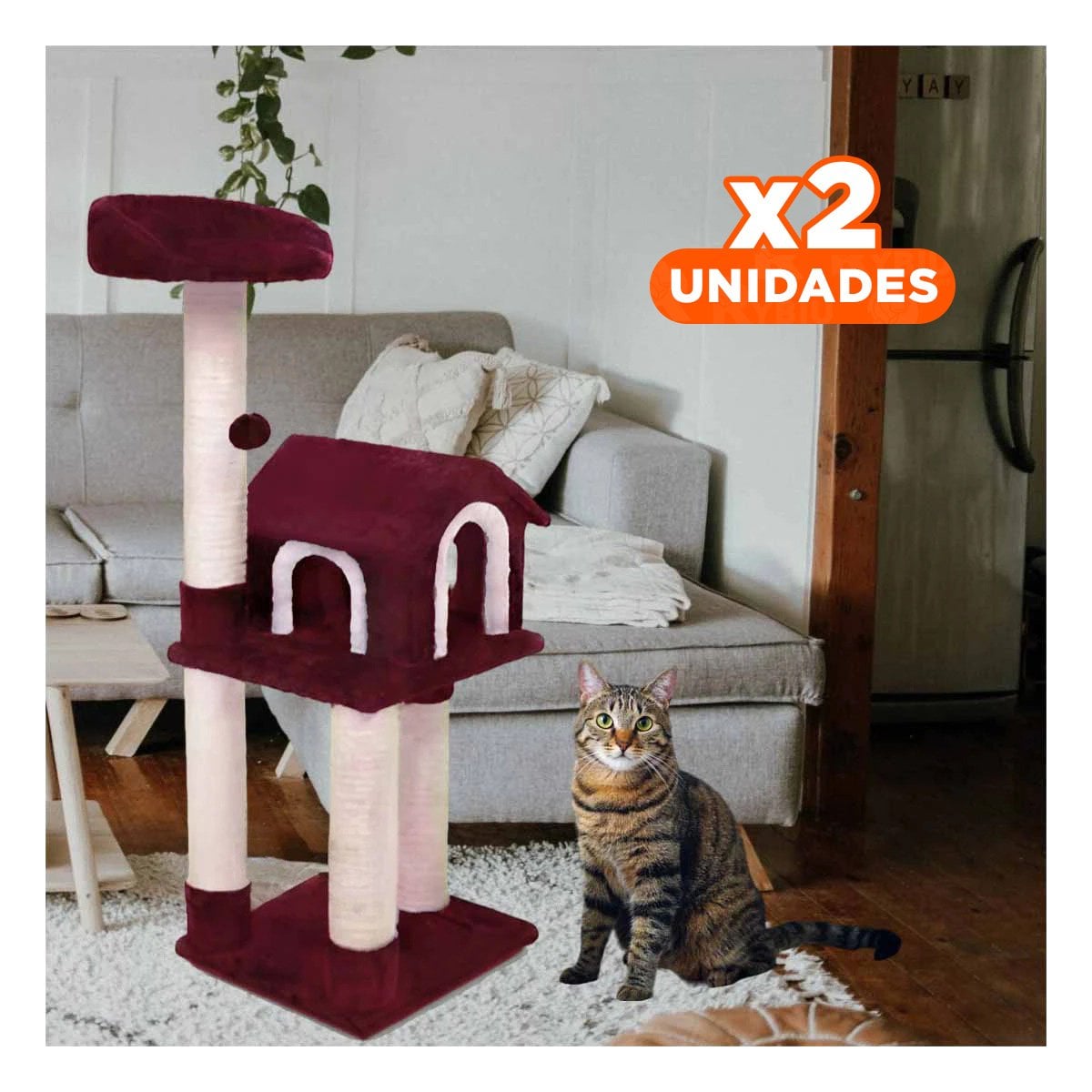 PACK2 GYM DE GATO CASA TRES NIVELES RASCADOR GUINDA PARA HOGAR PARA GATO Y+REGALO STICKER - 1