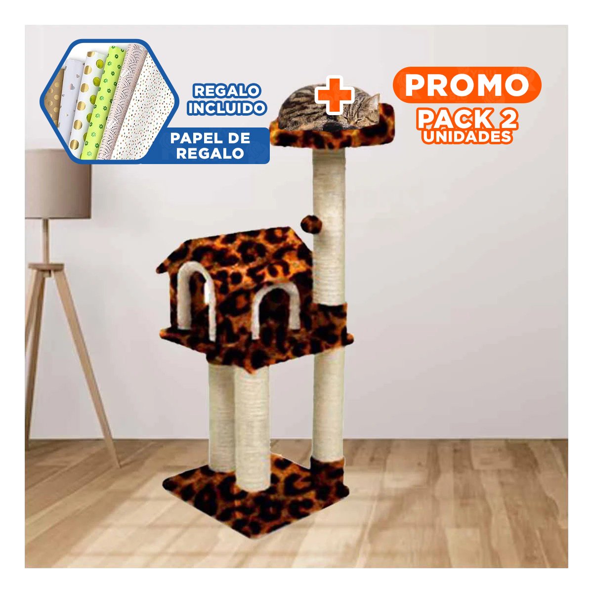 PACK2 CASITA DE DIVERSION INTERACTIVA CON ESCALERAS EN ANIMAL PRINT PARA GATOS Y+PAPEL REGALO - 1