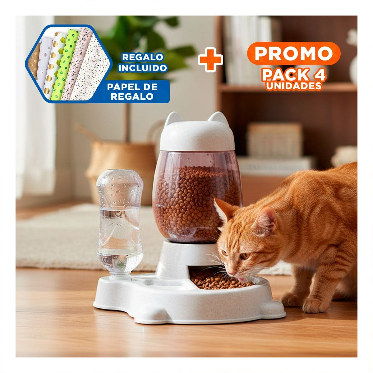 PACK4 BEBIDA Y PLATO UNIDO PET GATO BLANCO BLANCO MODERNO Y+PAPEL REGALO - 1