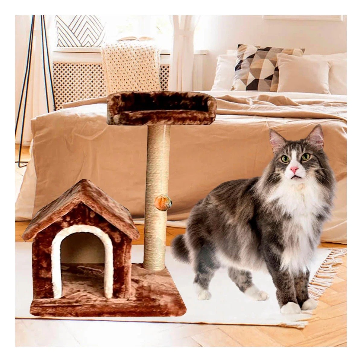 PACK2 CASITA DE FELPA ELEVADA Y COMODA CON PLATAFORMAS EN COLOR MARRON PARA MASCOTAS - 3