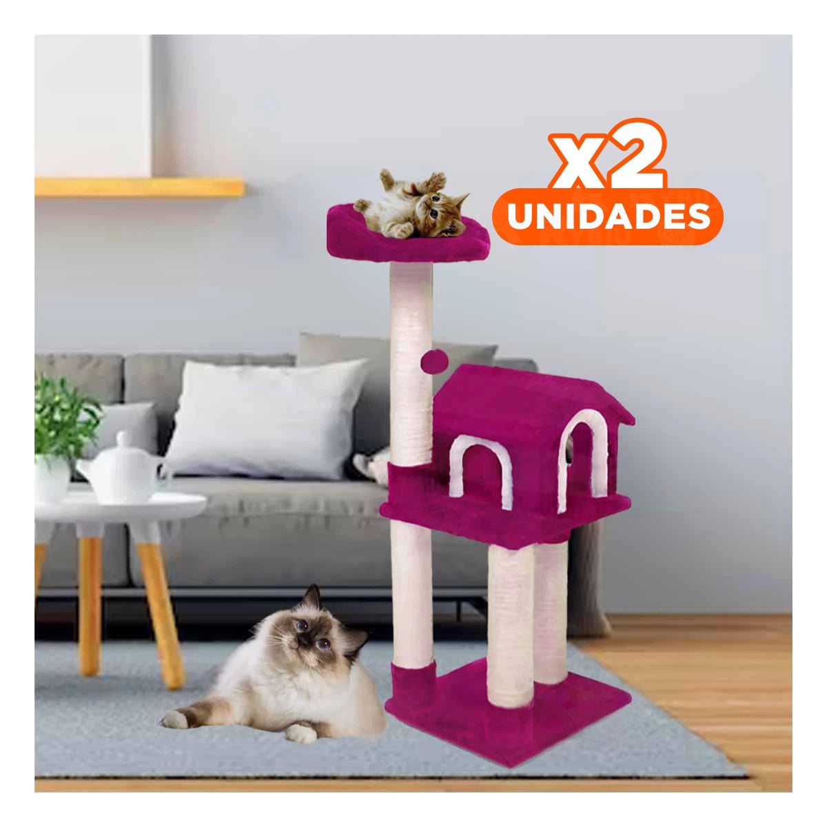 PACK2 MANSION DE GATO CASA RASCADOR FUCSIA TRES NIVELES PARA MASCOTA ROSA Y+REGALO STICKER - 1