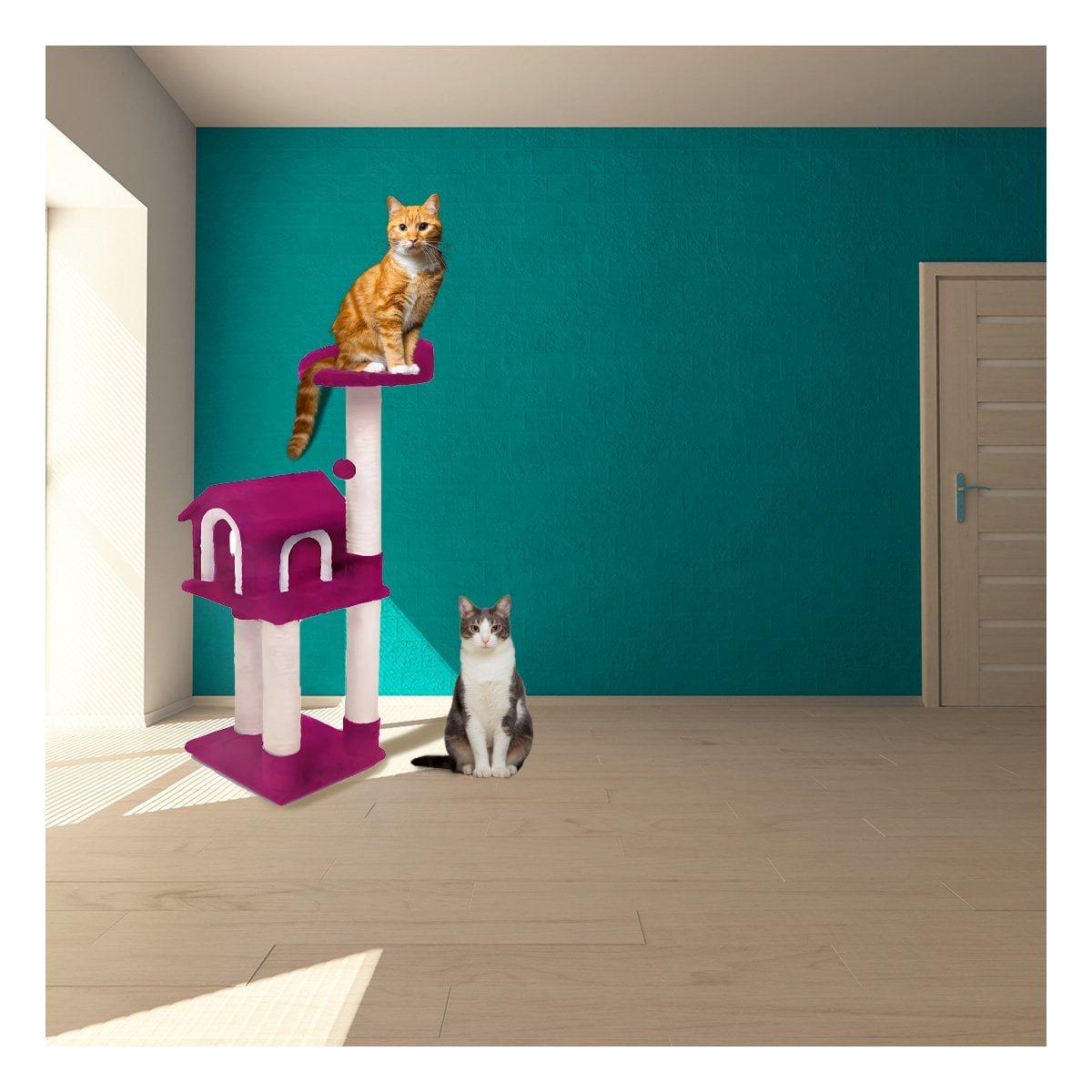 PACK2 MANSION DE GATO CASA RASCADOR FUCSIA TRES NIVELES PARA MASCOTA ROSA Y+REGALO STICKER - 5