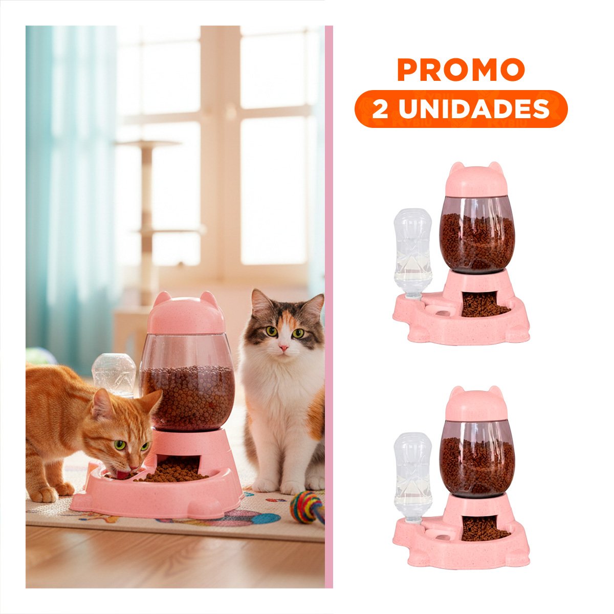 PACK2 SERVICIO COMPLETO PARA GATO CON PLATO Y BEBEDERO BLANCO ROSADO - 1