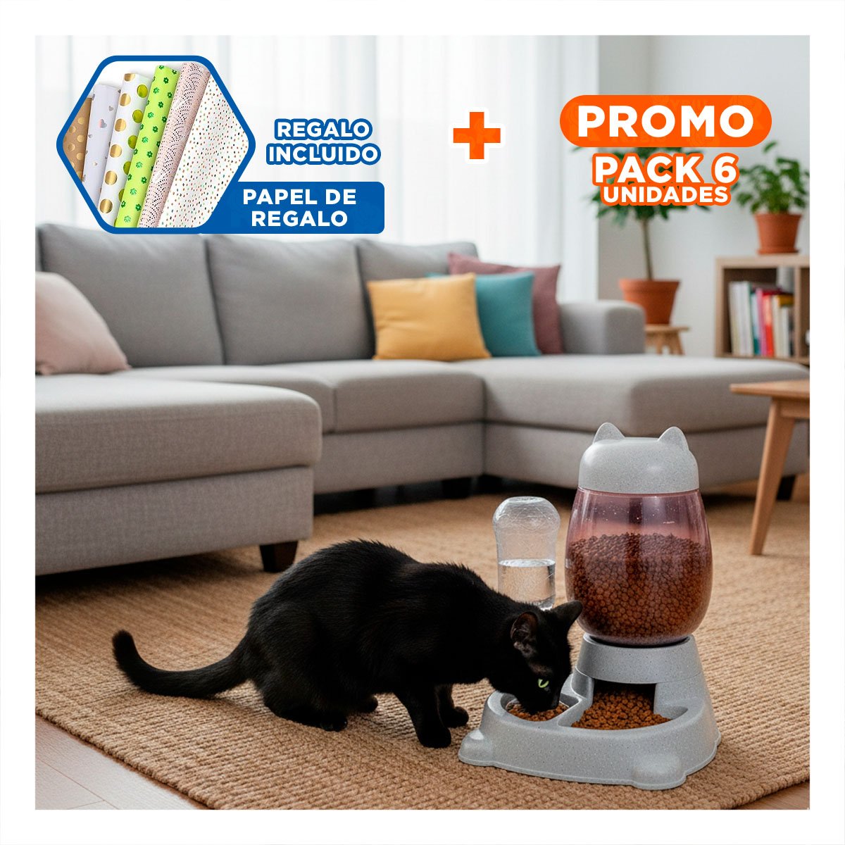 PACK6 COMIDA Y BEBIDA PET GATO BLANCO GRIS FACIL DE LIMPIAR Y+PAPEL REGALO - 1