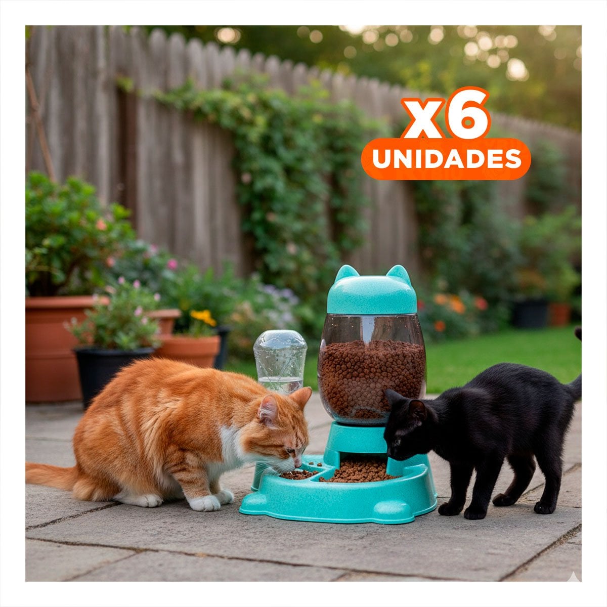 PACK6 SERVICIO COMPLETO PARA GATO CON PLATO Y BEBEDERO BLANCO CELESTE Y+REGALO STICKER - 1