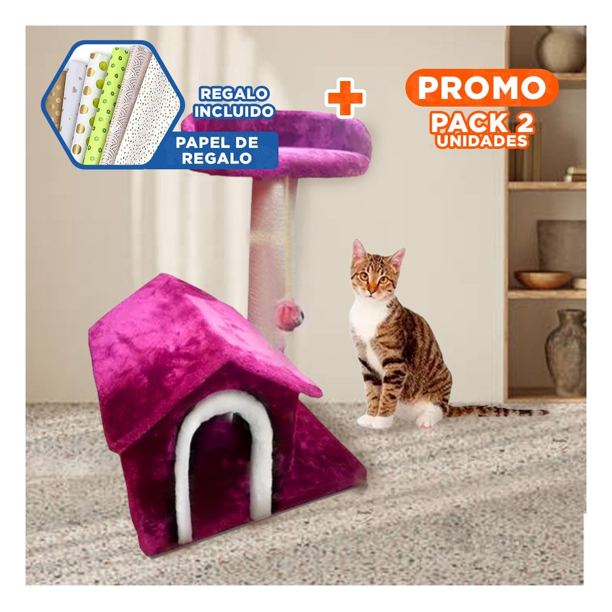 PACK2 CASITA DE DIVERSION INTERACTIVA Y SEGURA EN ROSADO PARA GATOS Y+PAPEL REGALO - 1