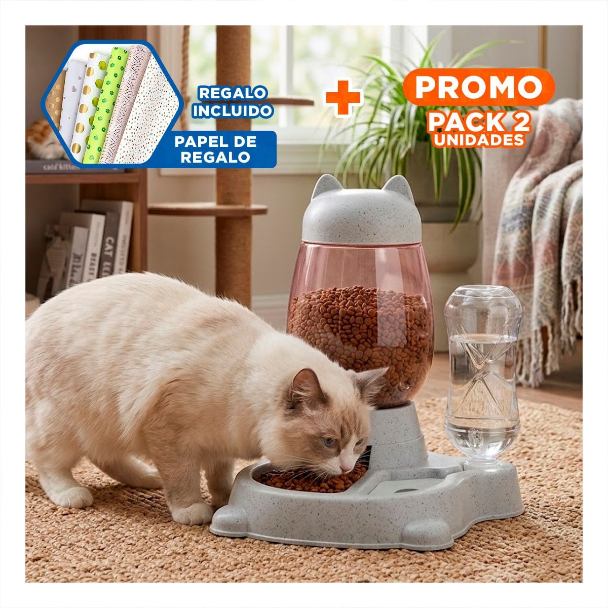 PACK2 CUENCO UNIDO PET GATO BLANCO GRIS FACIL DE LIMPIAR Y+PAPEL REGALO - 1
