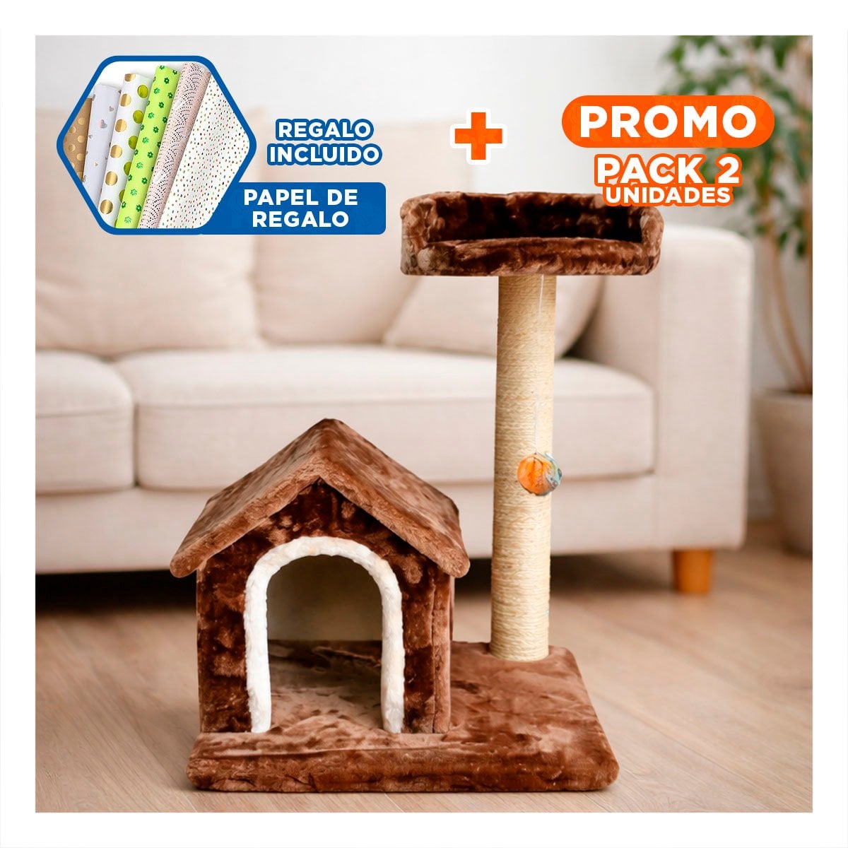 PACK2 CASITA DE DIVERSION INTERACTIVA Y SEGURA EN MARRON PARA GATOS Y+PAPEL REGALO - 1