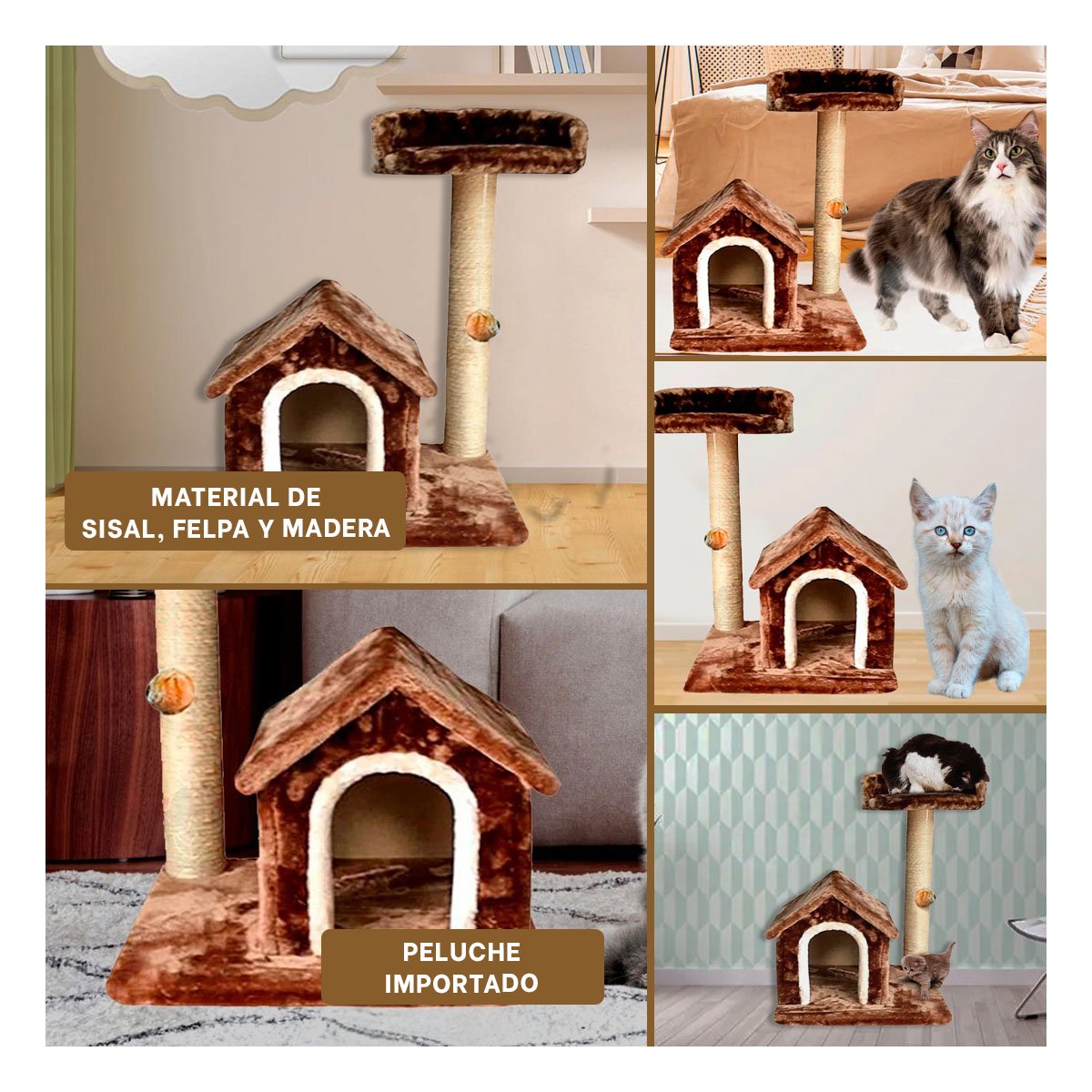 PACK2 CASITA DE DIVERSION INTERACTIVA Y SEGURA EN MARRON PARA GATOS Y+PAPEL REGALO - 3