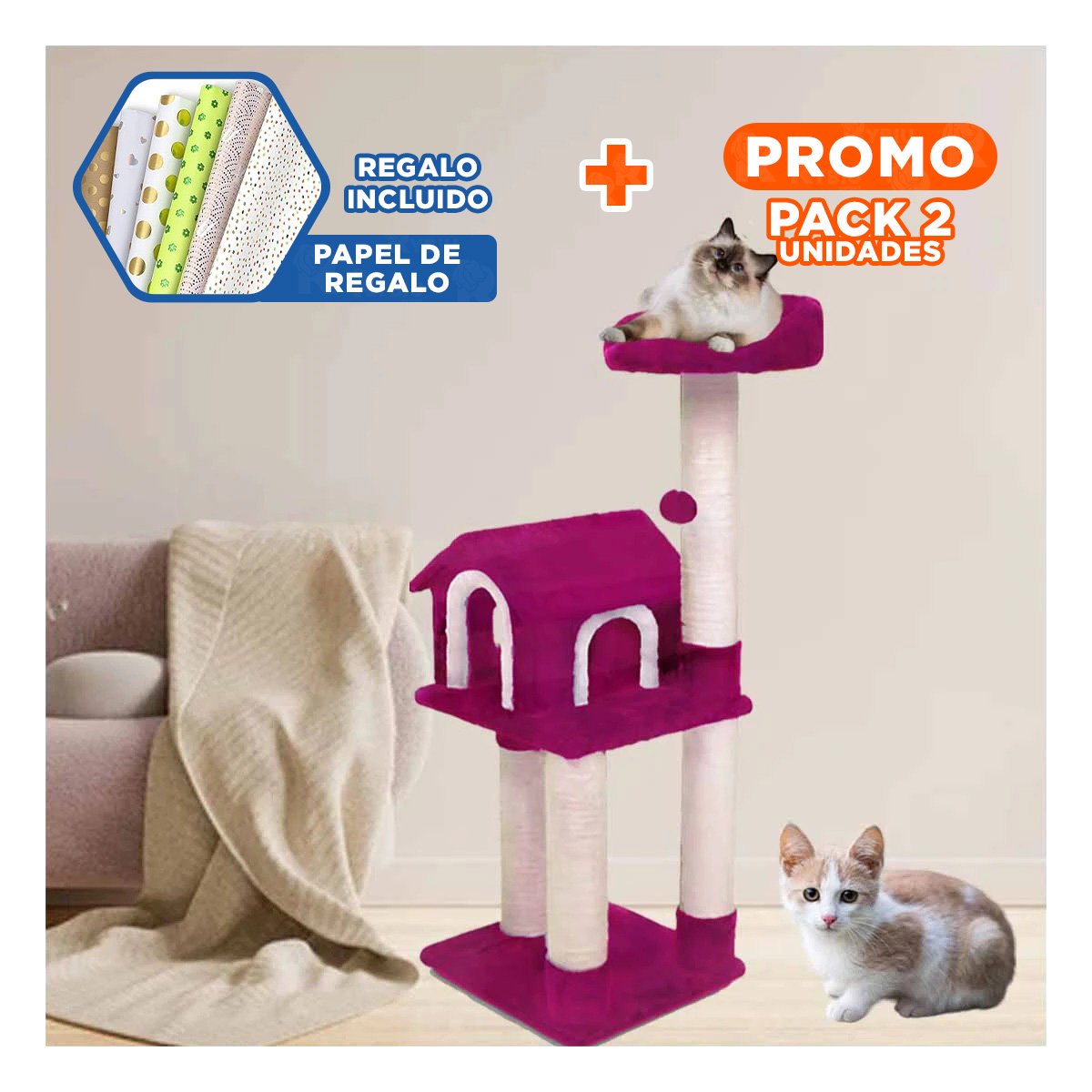 PACK2 MANSION DE GATO CASA TRES NIVELES RASCADOR FUCSIA PARA GATO MODERNO Y+PAPEL REGALO - 1
