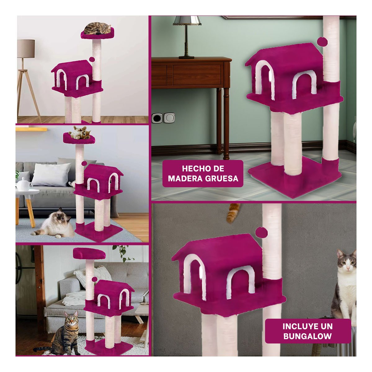 PACK2 MANSION DE GATO CASA TRES NIVELES RASCADOR FUCSIA PARA GATO MODERNO Y+PAPEL REGALO - 3