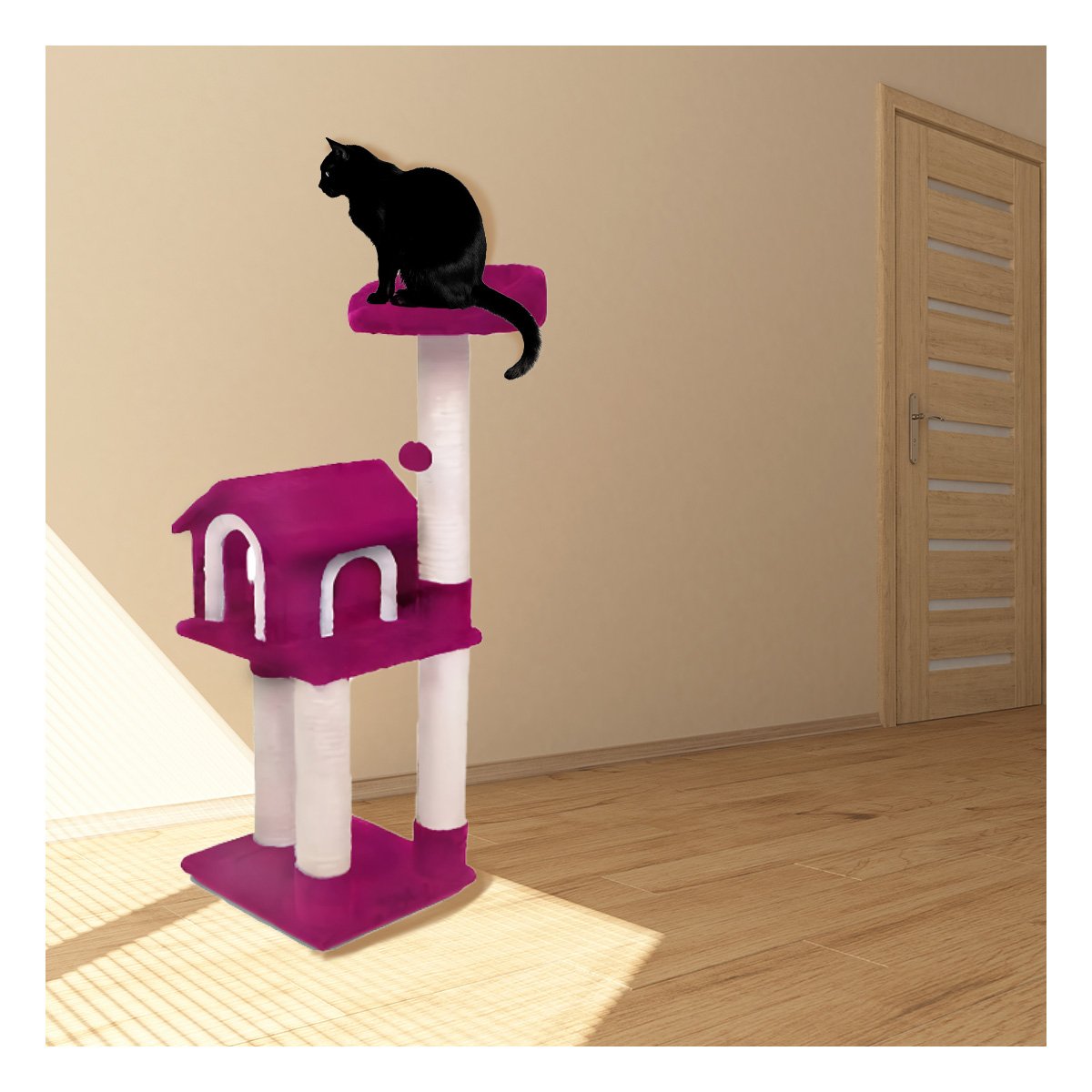 PACK2 MANSION DE GATO CASA TRES NIVELES RASCADOR FUCSIA PARA GATO MODERNO Y+PAPEL REGALO - 5