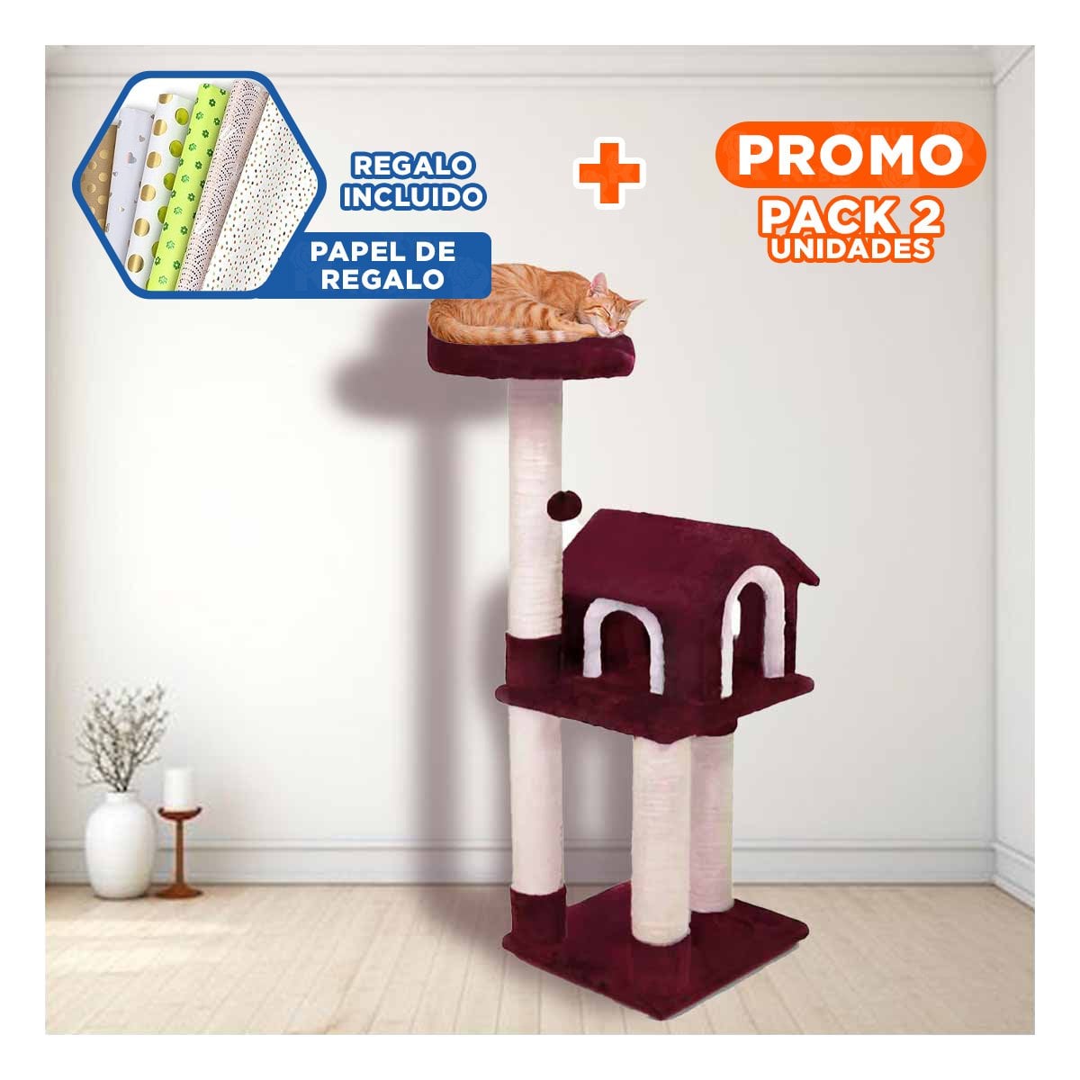 PACK2 GYM DE GATO CASA GUINDA RASCADOR TRES NIVELES PARA MASCOTA ROJO Y+PAPEL REGALO - 1