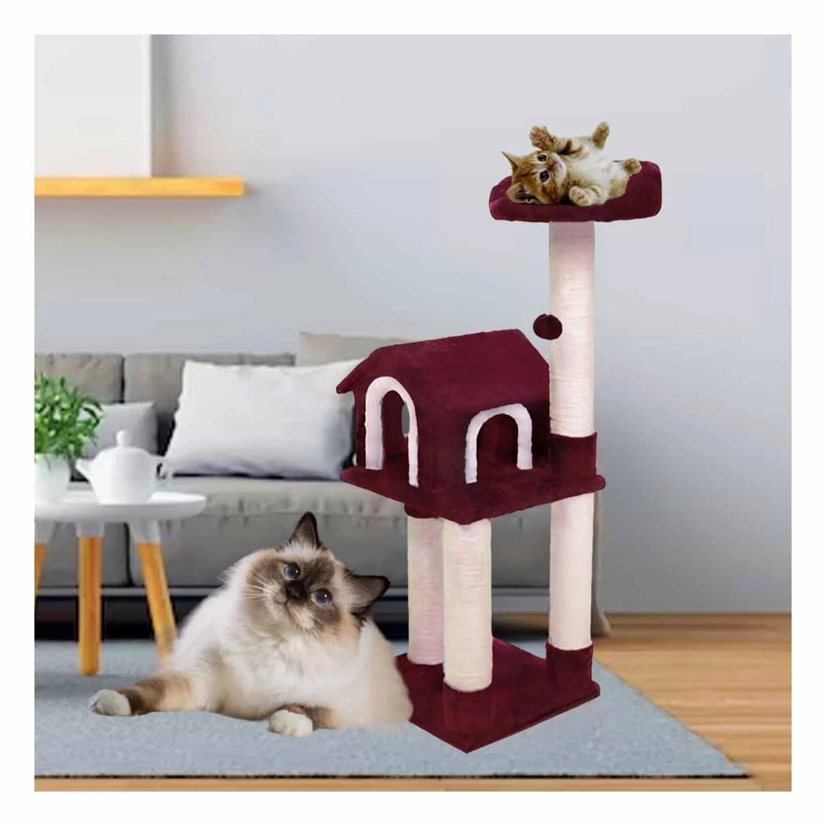 PACK2 GYM DE GATO CASA GUINDA RASCADOR TRES NIVELES PARA MASCOTA ROJO Y+PAPEL REGALO - 2