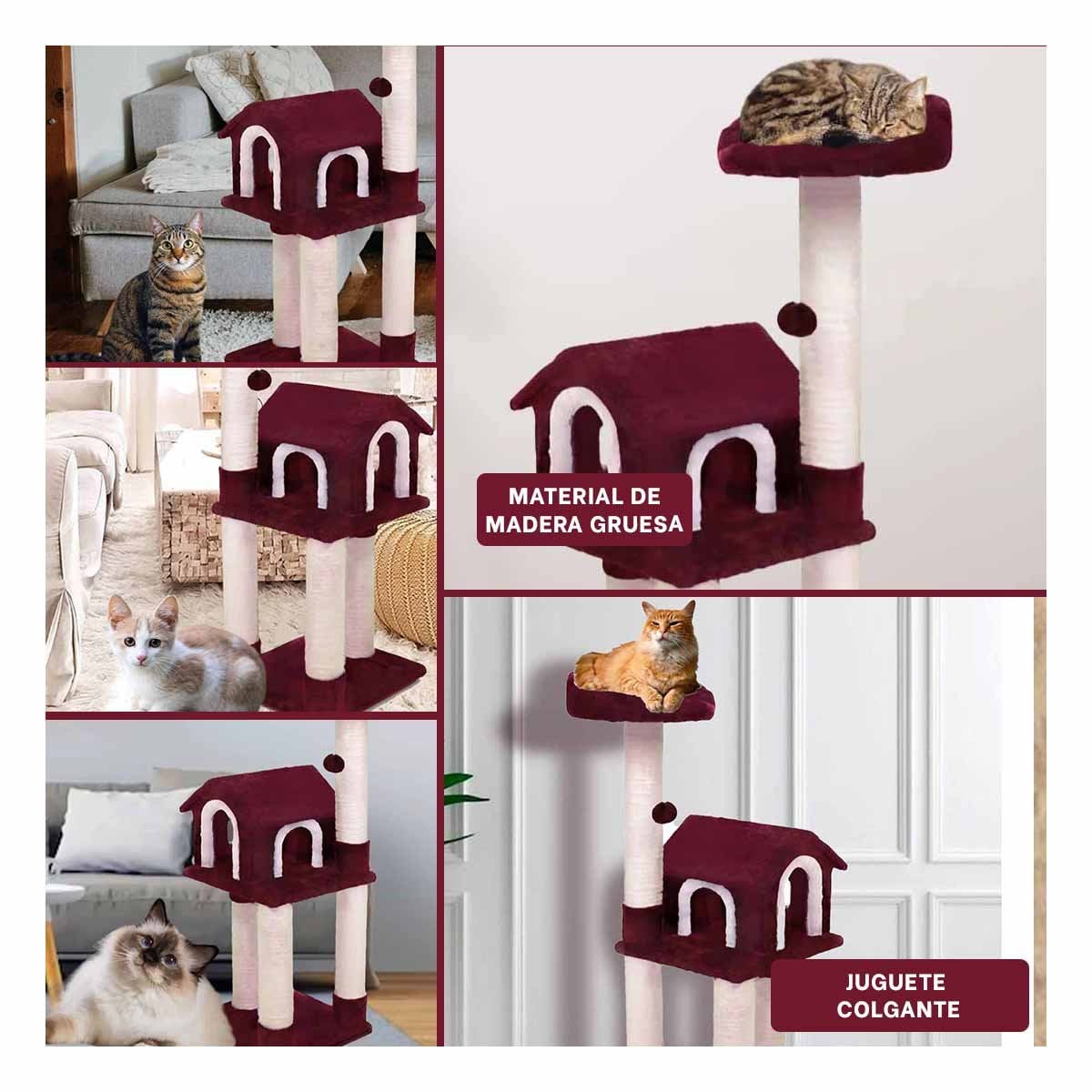 PACK2 GYM DE GATO CASA GUINDA RASCADOR TRES NIVELES PARA MASCOTA ROJO Y+PAPEL REGALO - 3