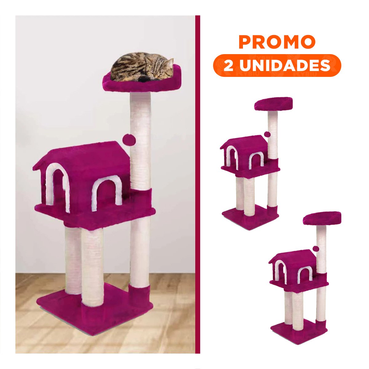 PACK2 MANSION DE GATO CASA FUCSIA TRES NIVELES RASCADOR PARA HOGAR COMODO Y ROSA - 1