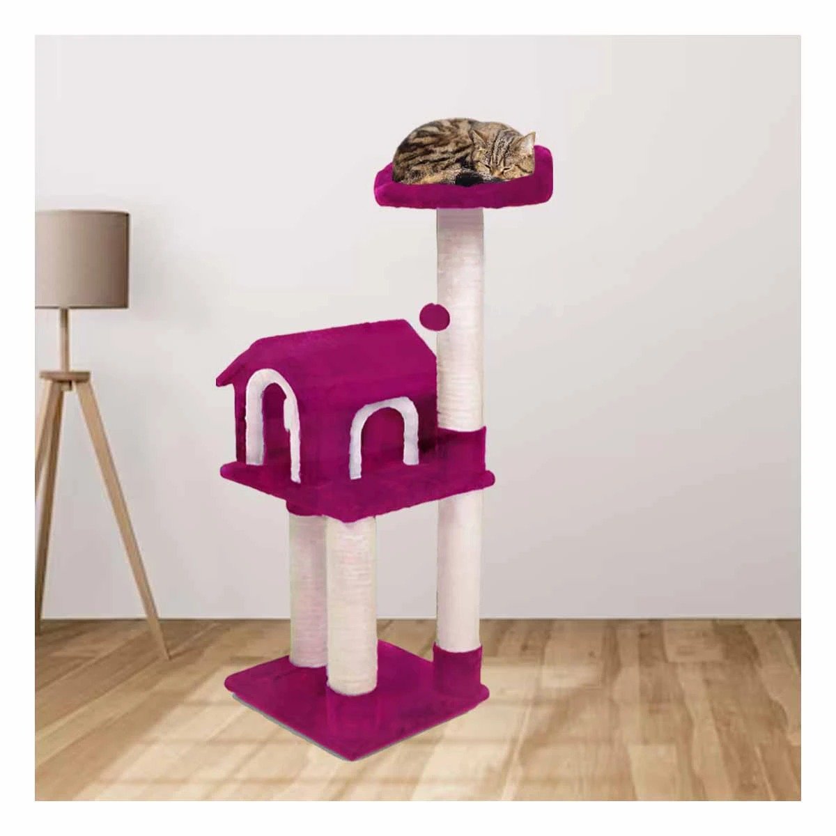 PACK2 MANSION DE GATO CASA FUCSIA TRES NIVELES RASCADOR PARA HOGAR COMODO Y ROSA - 2