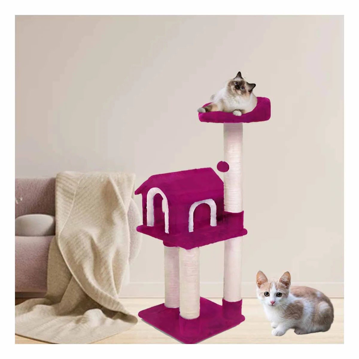 PACK2 MANSION DE GATO CASA FUCSIA TRES NIVELES RASCADOR PARA HOGAR COMODO Y ROSA - 3