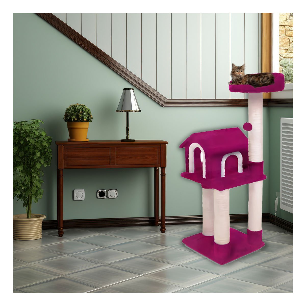 PACK2 MANSION DE GATO CASA FUCSIA TRES NIVELES RASCADOR PARA HOGAR COMODO Y ROSA - 5