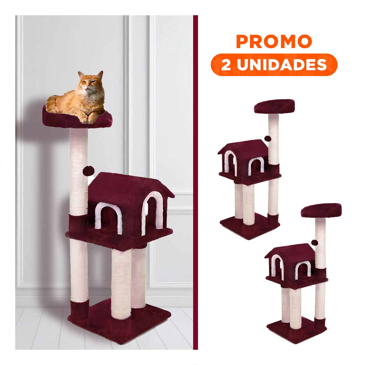 PACK2 GYM DE GATO CASA GUINDA TRES NIVELES RASCADOR DURADERO PARA GATO Y EL HOGAR - 1