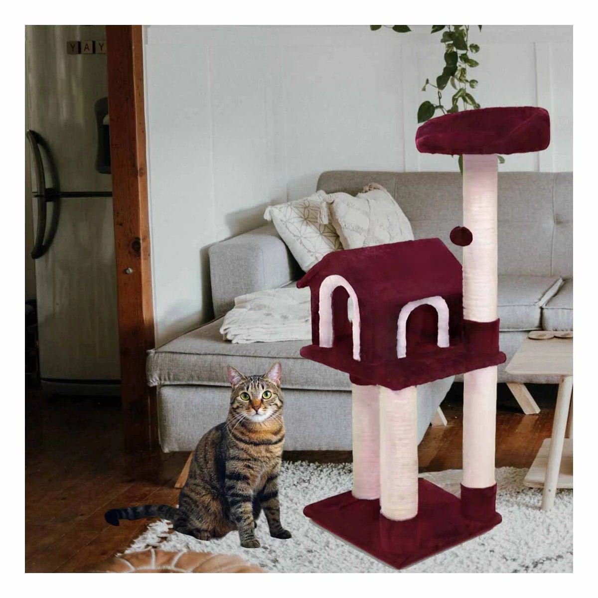 PACK2 GYM DE GATO CASA GUINDA TRES NIVELES RASCADOR DURADERO PARA GATO Y EL HOGAR - 2