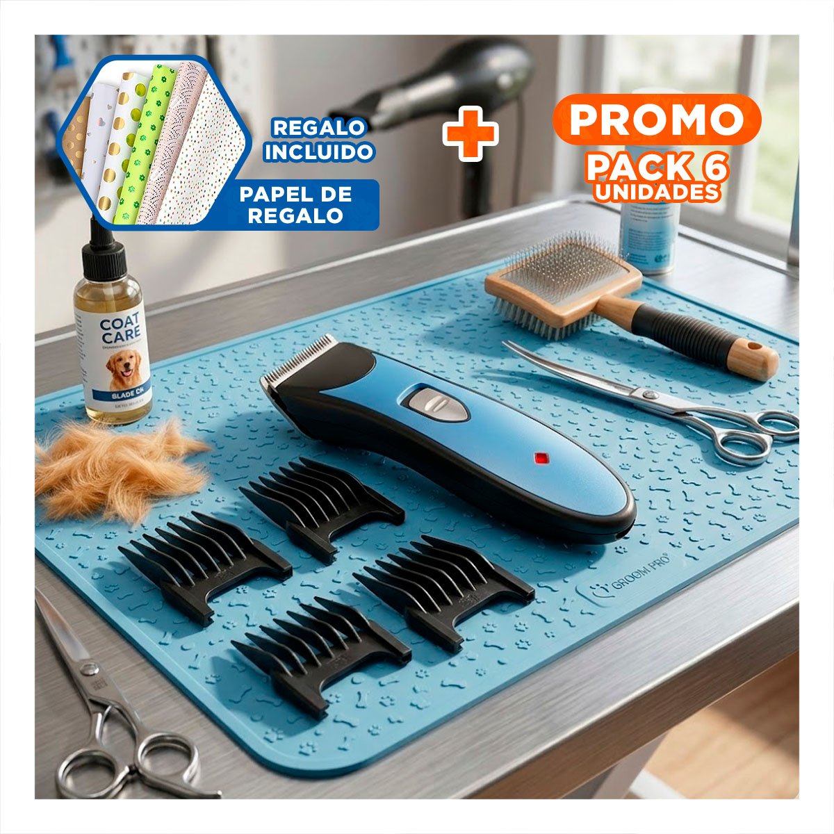 PACK6 SET DE PELUQUERIA CANINA CON PEINES AZUL PARA MAS SEGURIDAD Y+PAPEL REGALO - 1