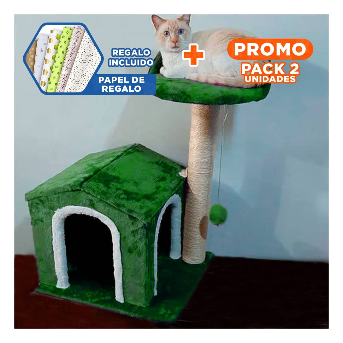 PACK2 CASITA DE DIVERSION INTERACTIVA Y SEGURA CON ESCALERAS EN VERDE PARA GATOS Y+PAPEL REGALO - 1