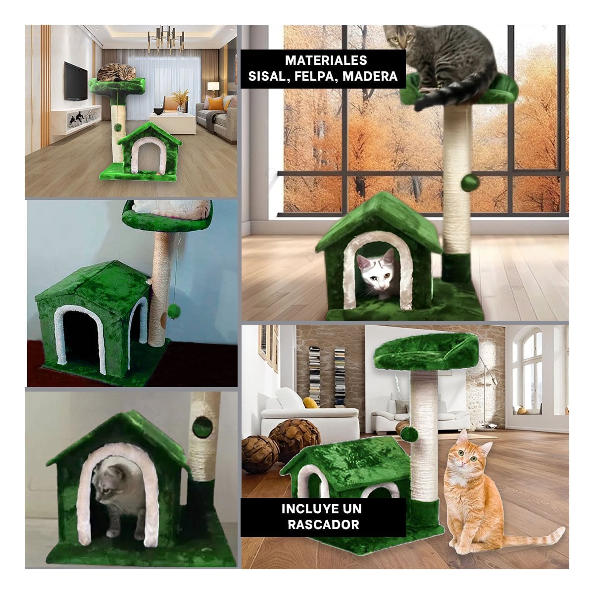 PACK2 CASITA DE DIVERSION INTERACTIVA Y SEGURA CON ESCALERAS EN VERDE PARA GATOS Y+PAPEL REGALO - 3