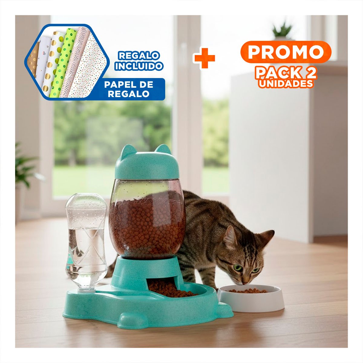 PACK2 ALIMENTO DOBLE PET GATO BLANCO CELESTE PORTATIL Y+PAPEL REGALO - 1