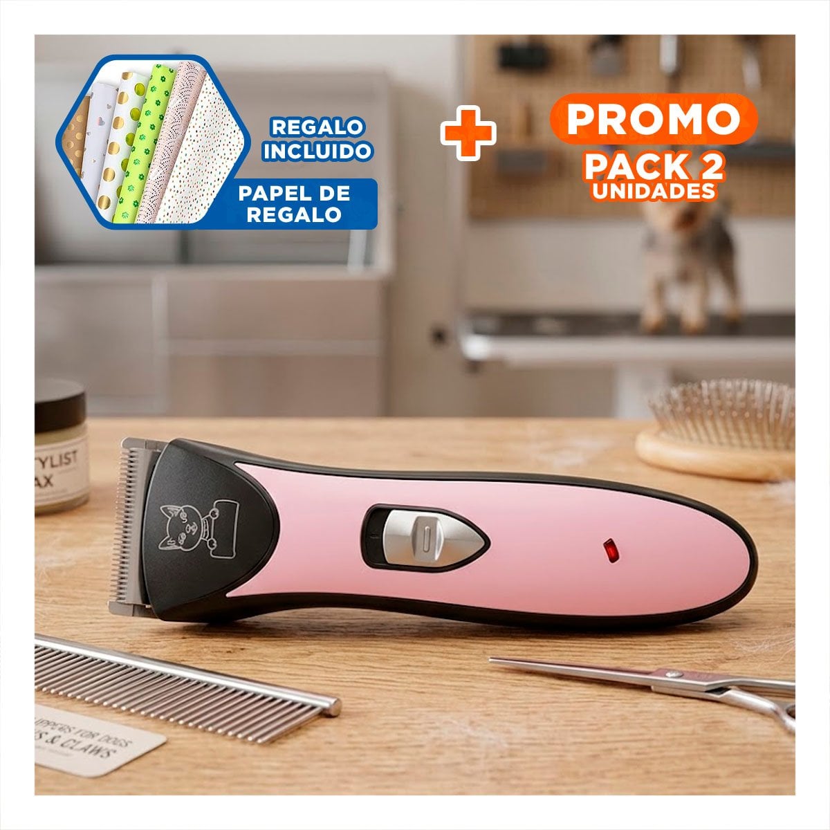 PACK2 CORTA PELO DE MASCOTAS ROSADO DE TACTO SUAVE PARA SUS MANOS Y+PAPEL REGALO - 1