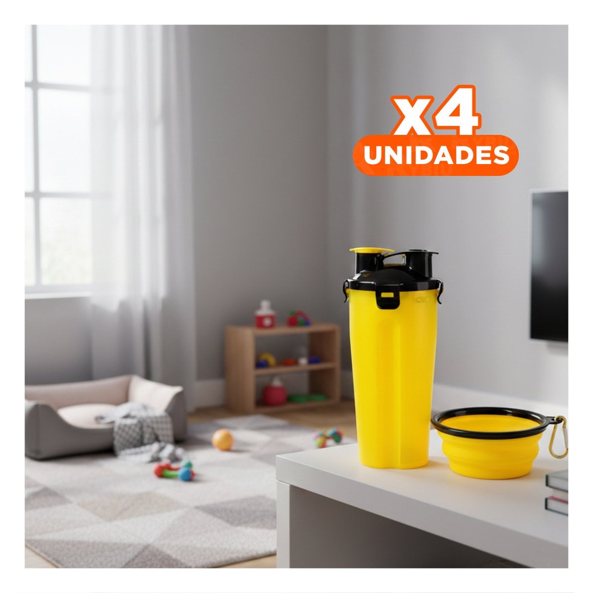 PACK4 PLATO PORTATIL CON BEBEDERO INTEGRADO PARA MASCOTA AMARILLO - 1