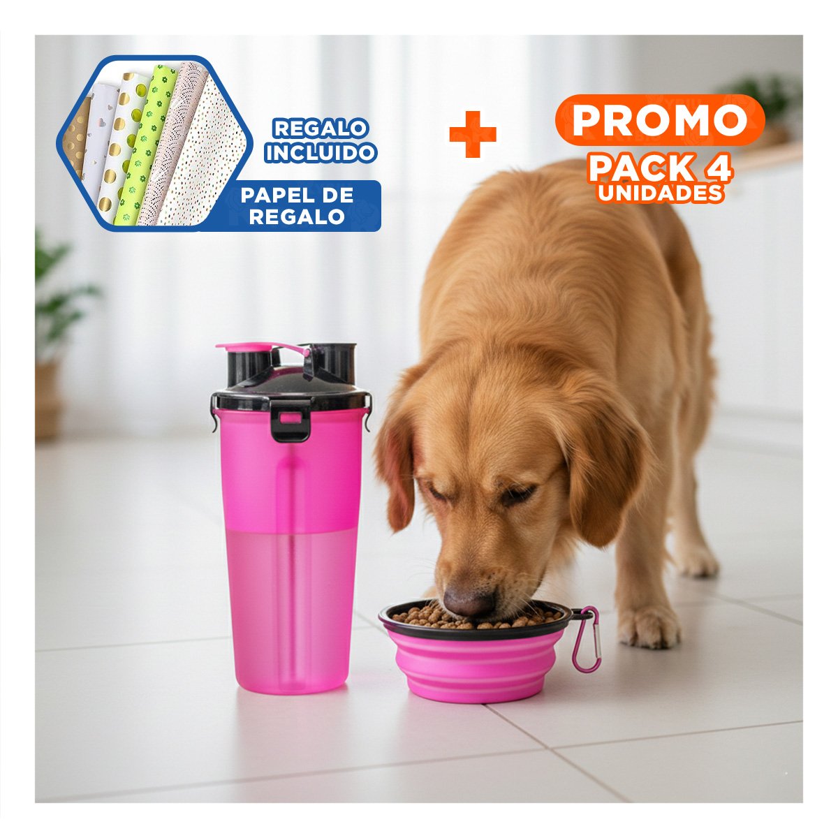 PACK4 CONTENEDOR CON PLATO PLEGABLE INTEGRADO PARA MASCOTA ROSADO Y+PAPEL REGALO - 1
