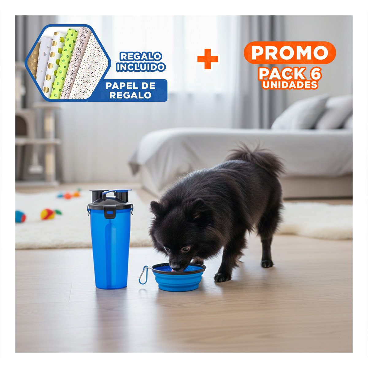 PACK6 CONTENEDOR DE VIAJE PARA MASCOTA CON PLATO PLEGABLE AZUL Y+PAPEL REGALO - 1