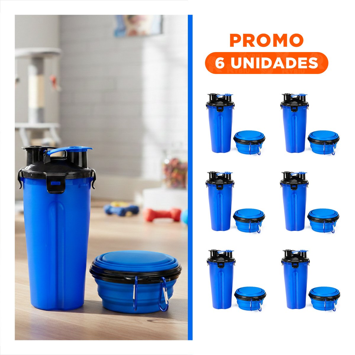 PACK6 CONTENEDOR COMPACTO CON COMEDERO Y PLATO AZUL - 1