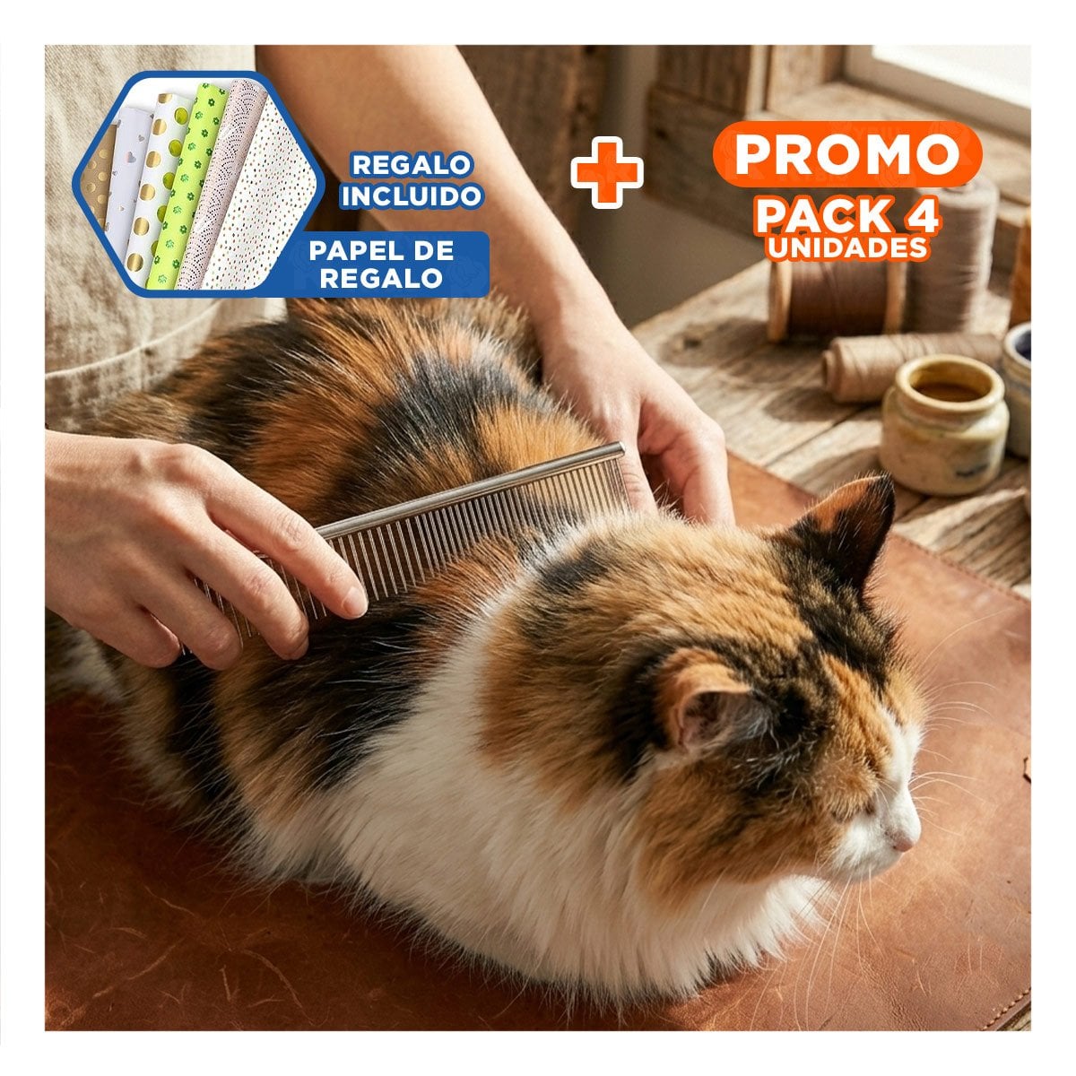 PACK4 ACCESORIO DE ACERO PARA DESENREDAR PELO DE MASCOTA PLATEADO Y+PAPEL REGALO - 1
