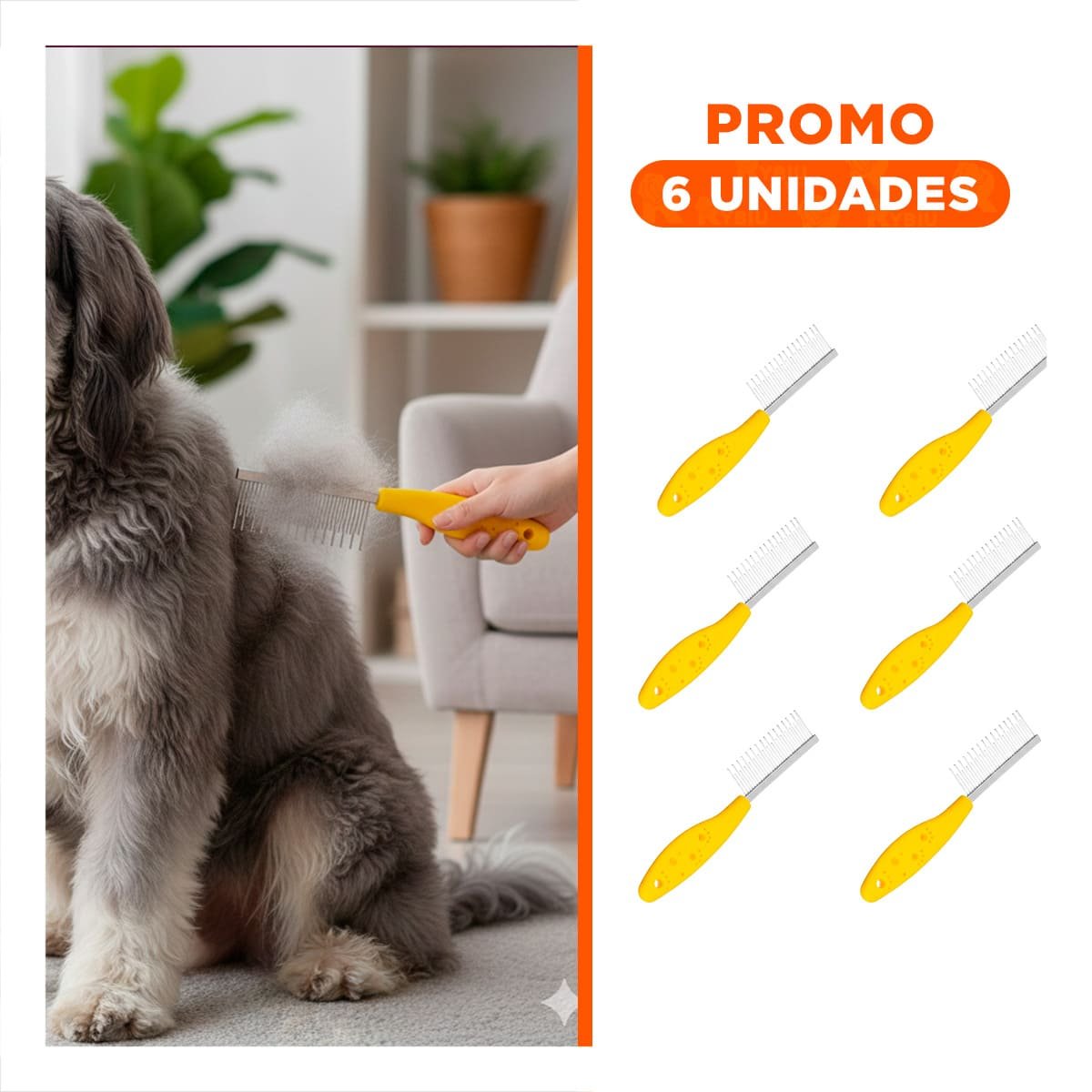 PACK6 PEINE DE PELO PROFESIONAL CON MANGO Y DIENTES DE DOS TAMANOS AMARILLO - 1