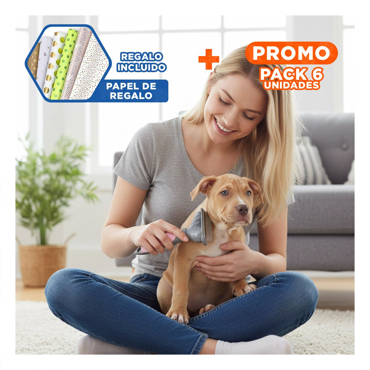 PACK6 PEINE PRACTICO PARA MASCOTA ROSADO QUITA PELOS FACIL Y+PAPEL REGALO - 1