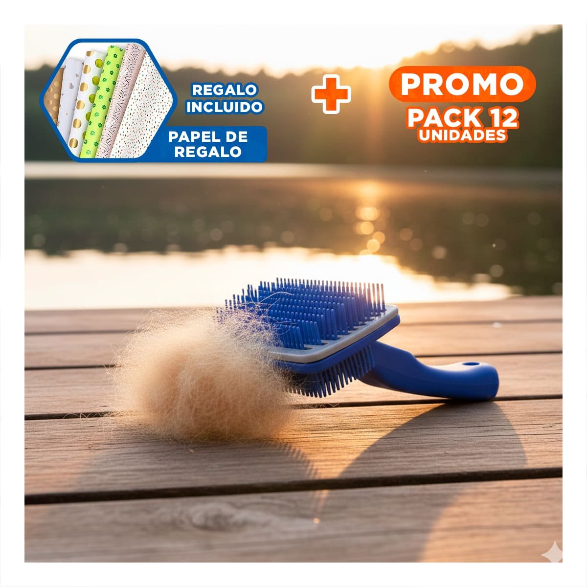 PACK12 DESENREDADOR AZUL PARA MASCOTAS CON BOTON DE AUTOLIMPIEZA PLASTICO Y+PAPEL REGALO - 1