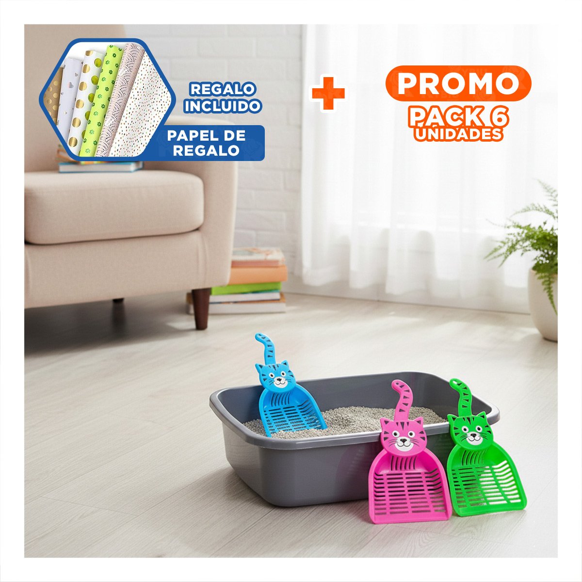 PACK6 PALA PORTATIL PARA CONTROL SANITARIO DE MASCOTA MULTICOLOR Y+PAPEL REGALO - 1