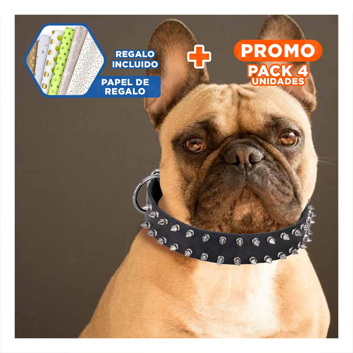 PACK4 COLLARIN NEGRO CLASICO CON PUAS TALLA L ELEGANTE Y SEGURO PARA MASCOTAS Y+PAPEL REGALO - 1