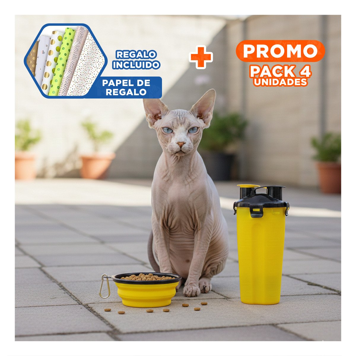 PACK4 CONTENEDOR PORTATIL PARA AGUA Y COMIDA DE MASCOTA AMARILLO Y+PAPEL REGALO - 1